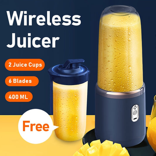 Portable 2-cup electric juicer blender with USB charging and 6-blade design, perfect for making fresh juice on-the-go.