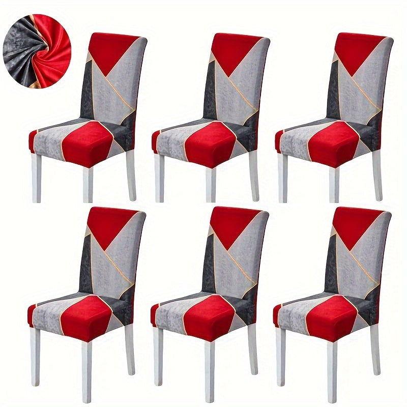 Set of 4/6 elastic dining chair slipcovers with geometric print for home, hotel, restaurant, banquet decor protection.