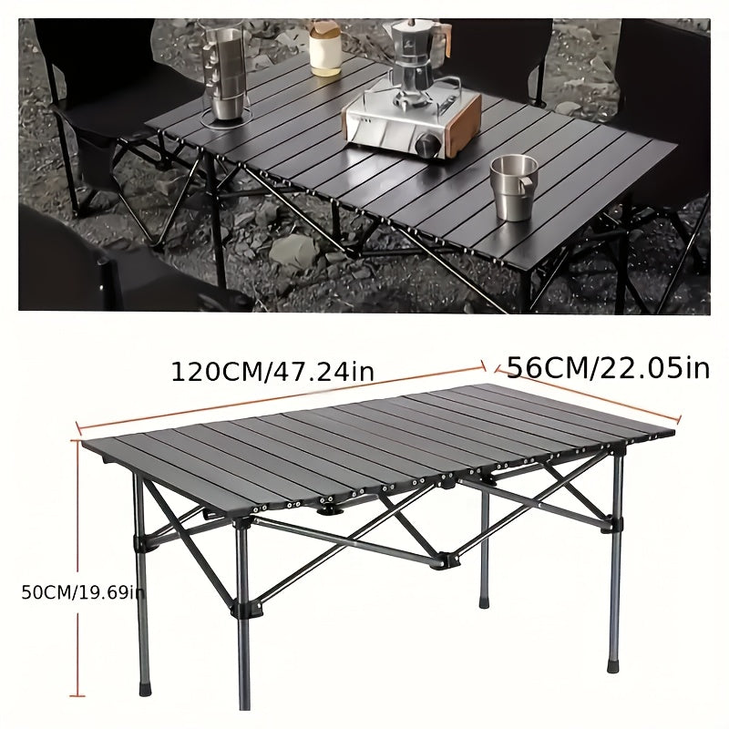 Compact and easy-to-carry portable stainless steel folding table for camping, barbecuing, and outdoor picnics.