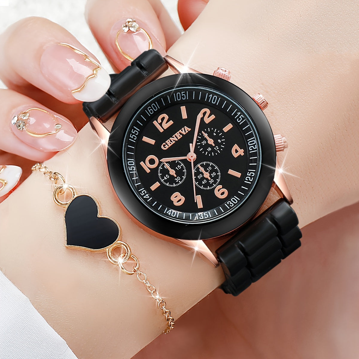 6-piece Women's Fashion Casual Watch Set with quartz movement, silicone band wristwatches, heart bracelet, and non-rechargeable button battery included.