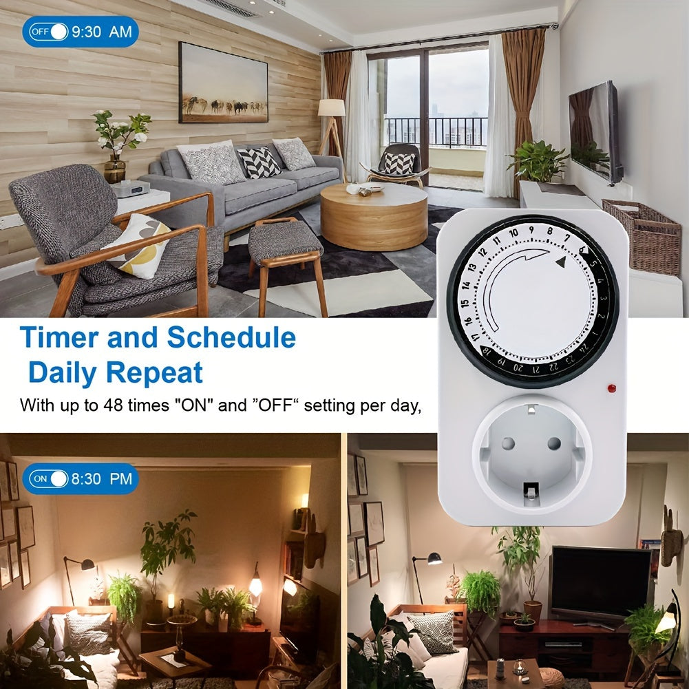 EU Plug 220V Smart 24 Hour Timer Outlet for Indoor Electrical Devices, Programmable for Lightings, Lamp, Aquarium, Air Conditioner, Kitchen.