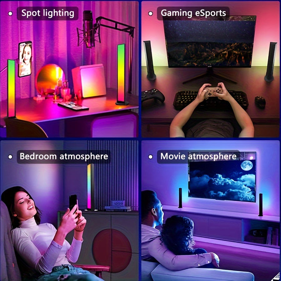 2 Smart LED light bars with RGB night light, controlled by remote and app. Syncs music for gaming TV and bedroom decoration. Also functions as a desktop lamp.