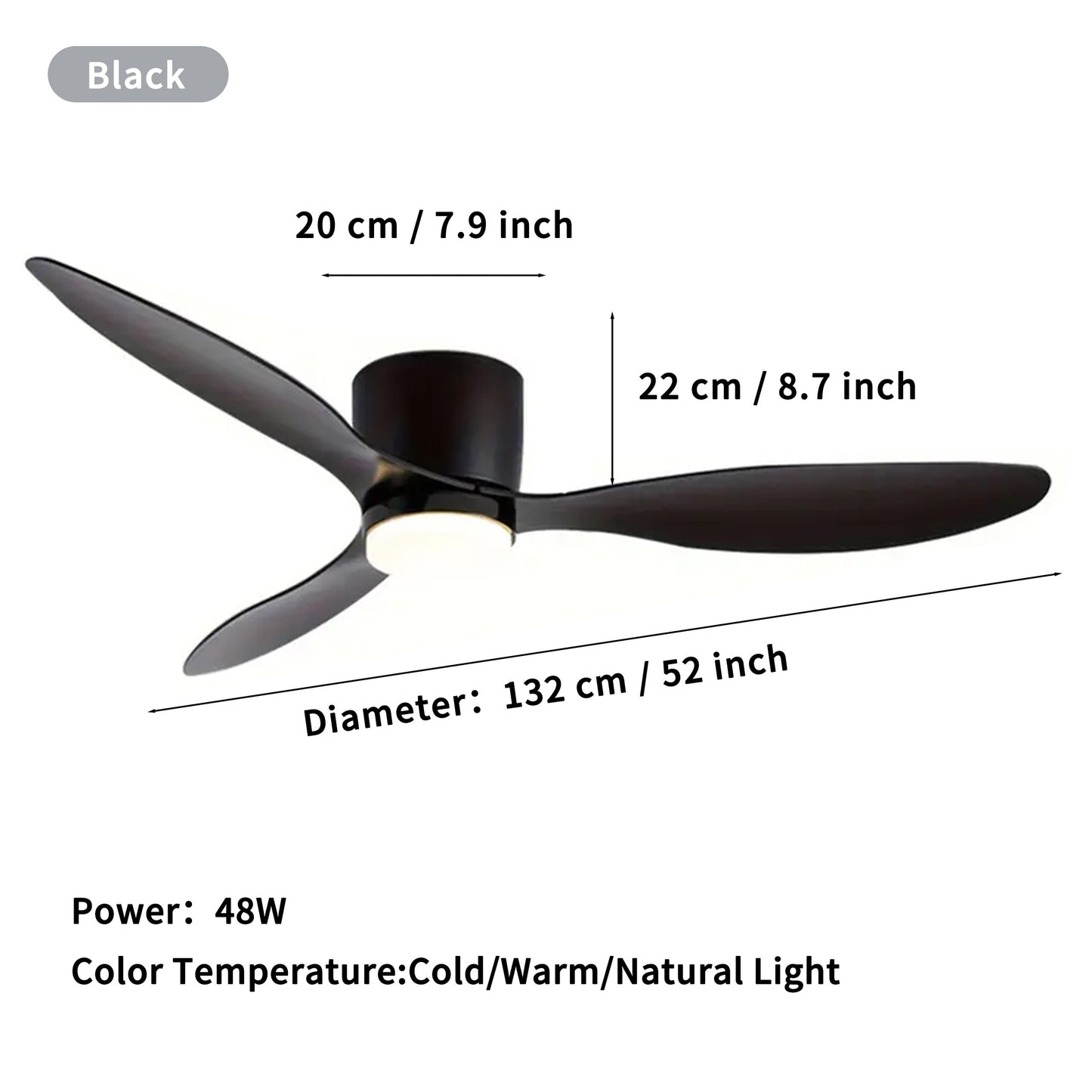 52/42 inch modern ceiling fan with LED lights, remote, adjustable color temperature, 6 wind speeds, 3 blades. For indoor use in living room, bedroom, dining room. Hardwired, 85V-265V. Model