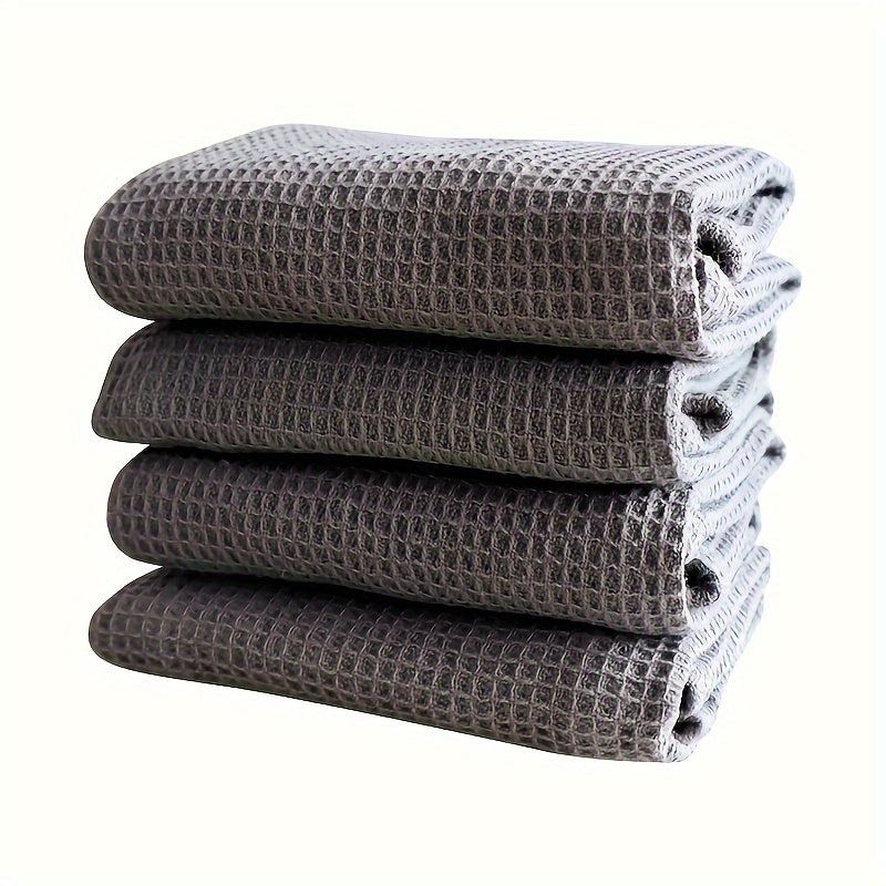 4 Ultra Absorbent Waffle Weave Dish Towels - Thick, Soft Cotton Kitchen Rags for Cleaning & Drying - Modern Square Design