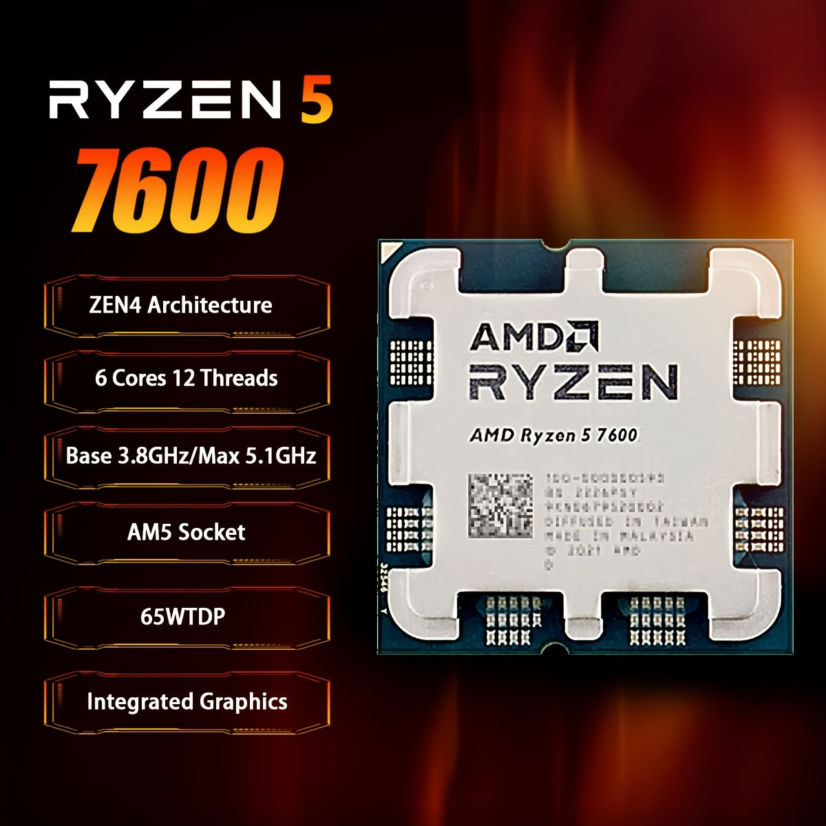 AMD Ryzen 5 7600 ЦПУ для игровых настольных ПК, 6 ядер, 12 потоков, без вентилятора радиатора