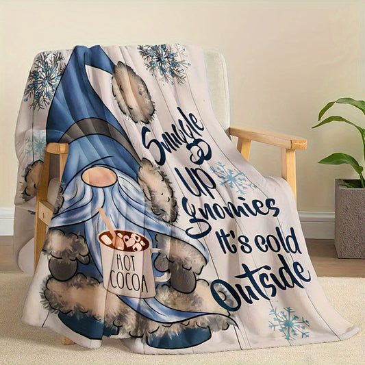 Soft and cozy Rustic Blue Gnome Throw Blanket made of flannel fleece with a fantasy print design. This all-season blanket is machine washable and features a digital print on a polyester cover with a polyester lining. Perfect for home and kitchen decor