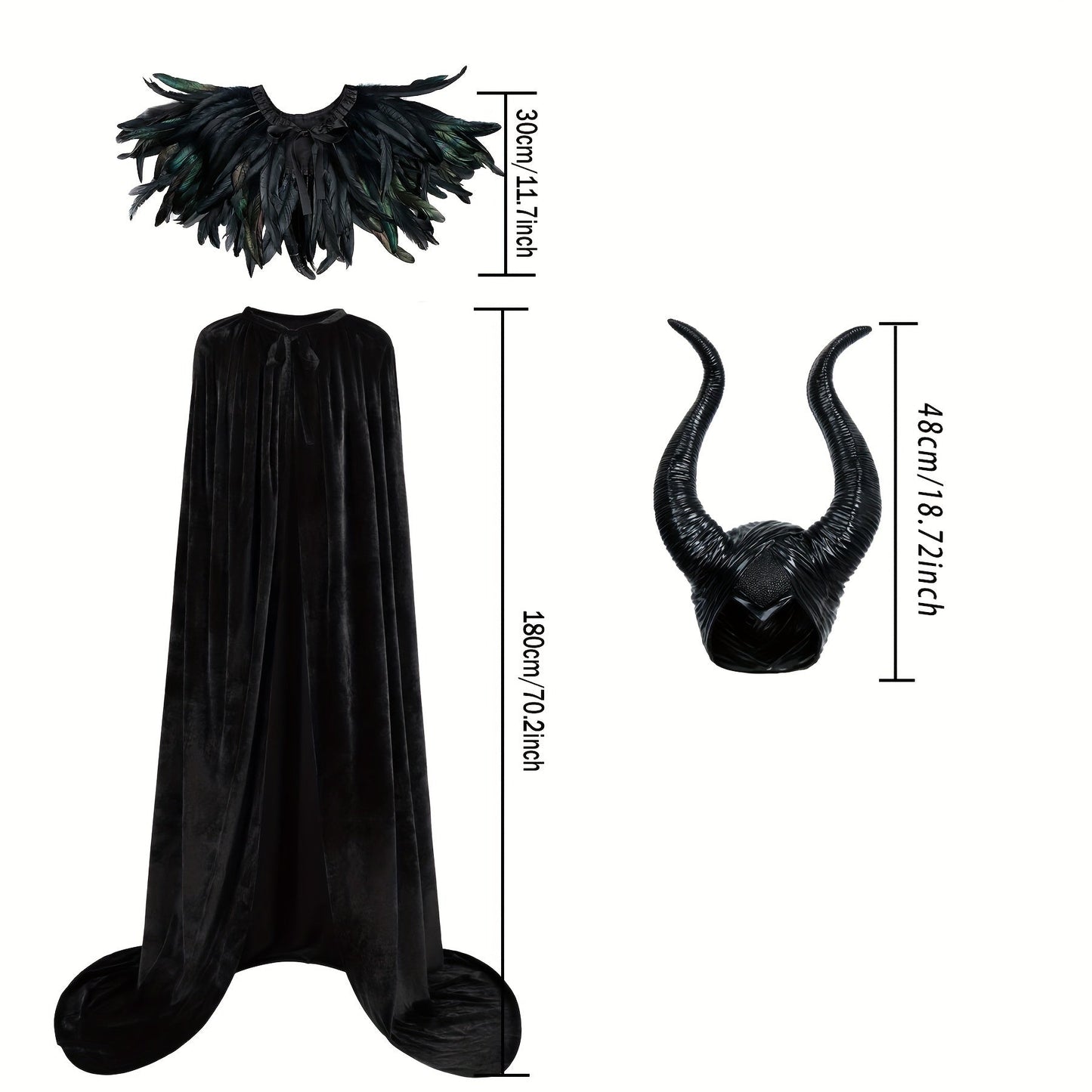 3-piece Halloween costume set includes a black velvet cape, faux feather shawl, and Maleficent horns headband for the perfect Gothic Witch outfit.