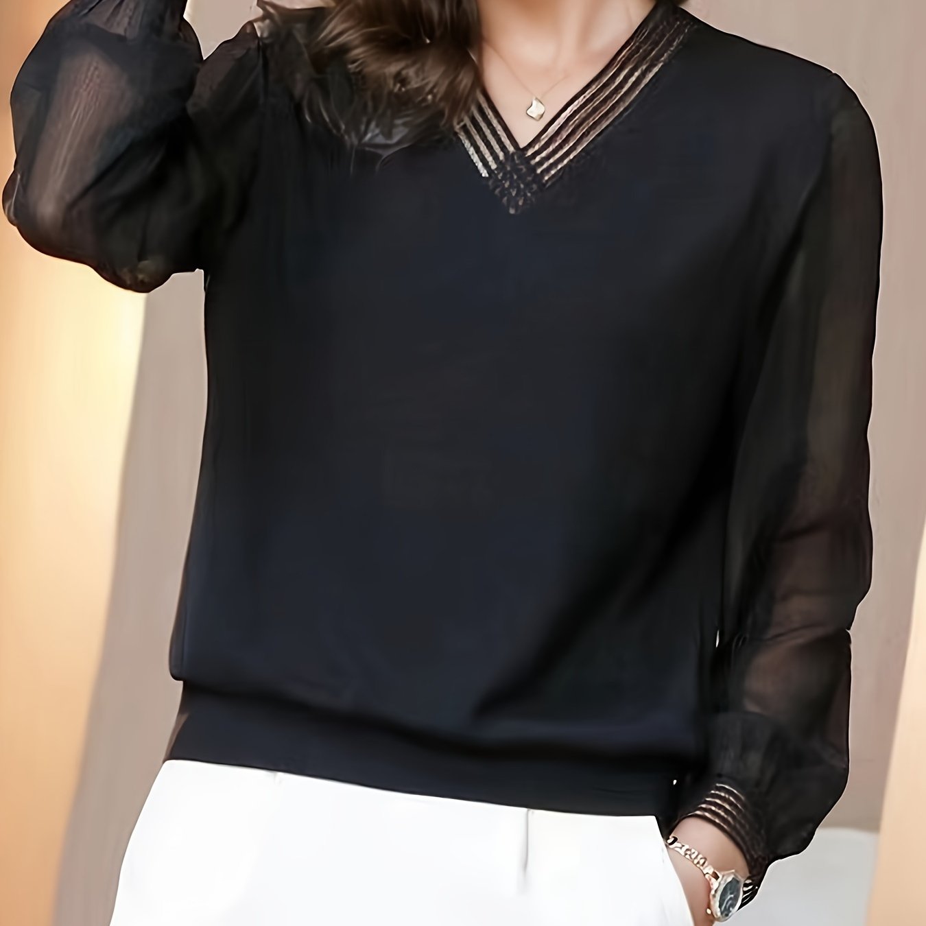 Elegant black lace chiffon V-neck blouse for women, perfect for spring/fall layering.