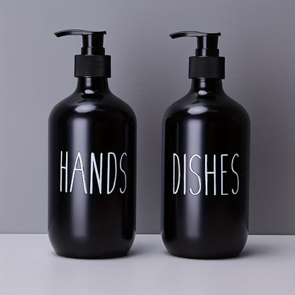 Set of 2 plastic soap dispensers for dish and hand soap, with refillable empty bottles for home decor and bathroom accessories.