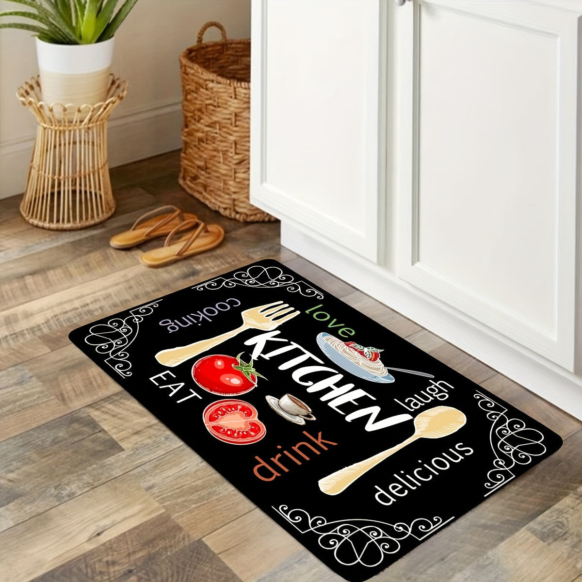 Stain resistant kitchen rug made from memory foam, featuring anti-slip and absorbent properties. Waterproof and soft cushioned for comfort, this rug is perfect for kitchens, hallways, bathrooms, and laundry rooms. Can be thrown in the wash for quick dry