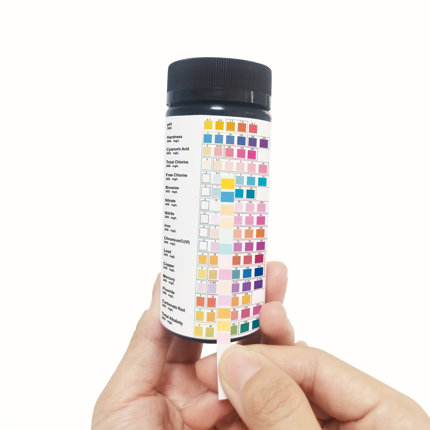 16-in-1 home water testing kit includes 100 strips for tap and well water, testing for pH, hardness, chlorine, lead, iron, copper, nitrate, nitrite, and more.