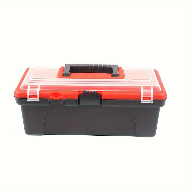 12-inch portable toolbox with top compartment, suitable for car repairs, electricians, and home use. Made of plastic, with screw storage and hand-carry feature.