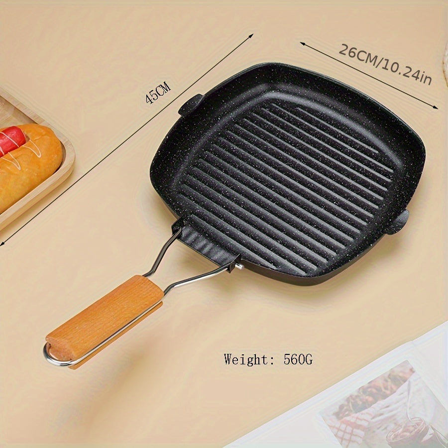 Meizhu Single Meal Cooking: Cast Iron Skillet Non-Stick Grill Pan with Wooden Handle - Oven Safe Griddle for Steaks and Breakfast, Perfect for Gas Stove Compatibility