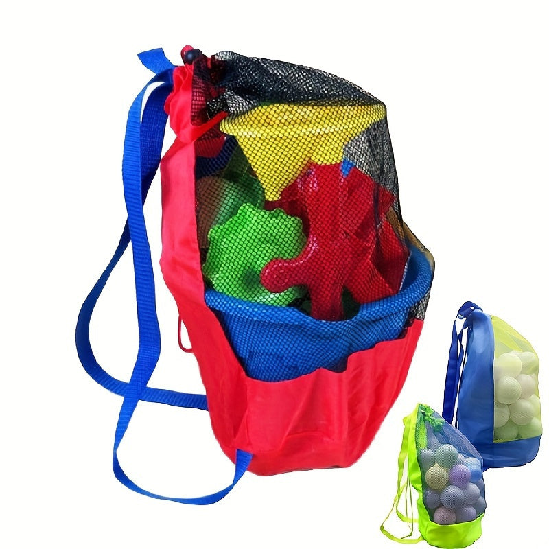 Red Mesh Storage Backpack with Breathable Fabric - Convenient Lightweight Travel Organizer for Beach Toys, with Drawstring Closure and Includes Storage for Sand Digging Tools, Perfect for Outdoor Play Essentials.