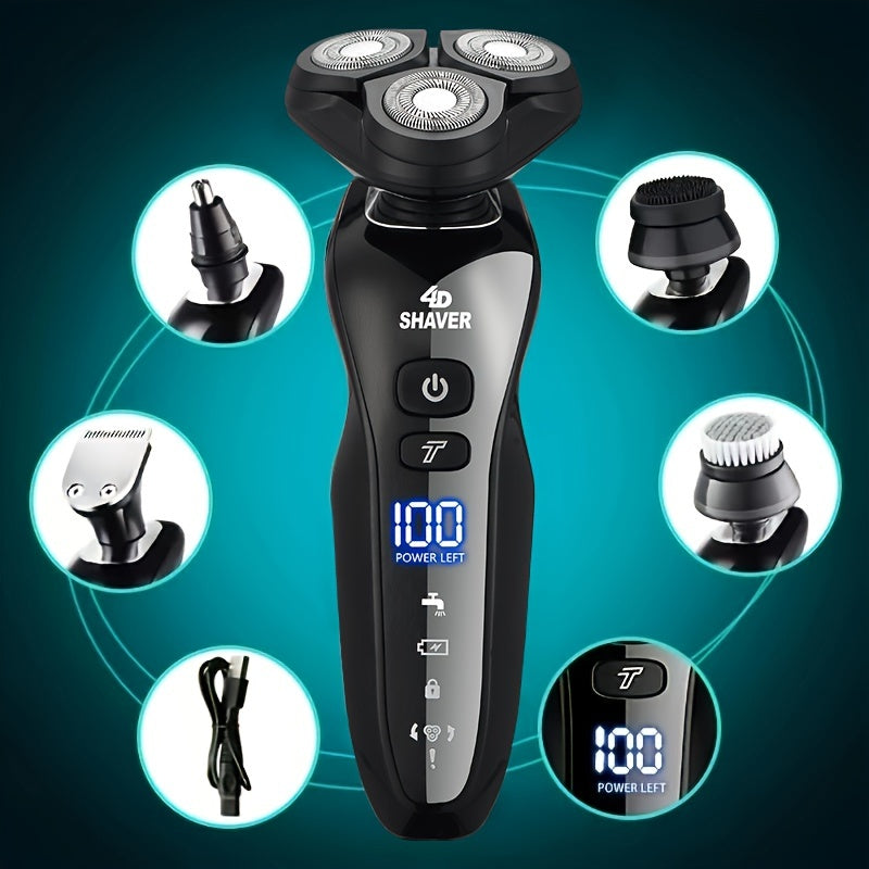 Men's electric razor with rechargeable beard trimmer, nose and sideburn trimmer, face cleaning brush, and grooming kit - perfect Father's Day gift.