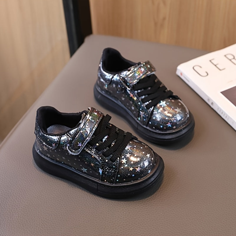 Children's glittery sequin sneakers with hook-and-loop strap, made from durable materials for any season.