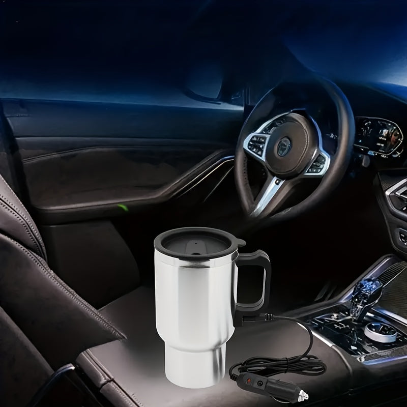 Stainless steel car electric heating cup with handle and lid, 12V/24V compatible for hot beverages on the go.