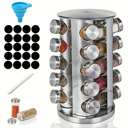 Spice up your kitchen organization with our 360° Rotating Stainless Steel Spice Rack! This convenient rack can hold 12, 16, or 20 jars and comes with reusable labels and a funnel for easy filling. Perfect for keeping your spices neatly organized and