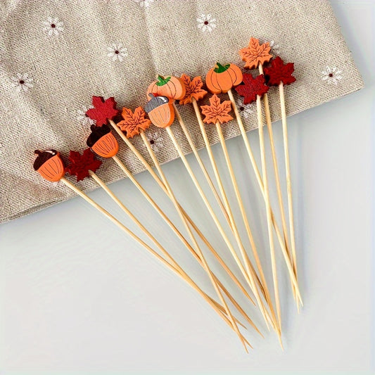 50 bamboo cocktail picks for appetizers and fruit skewers, featuring decorative leaves, pumpkins, and acorns. Perfect for Thanksgiving, Halloween, Christmas, Easter, and parties.