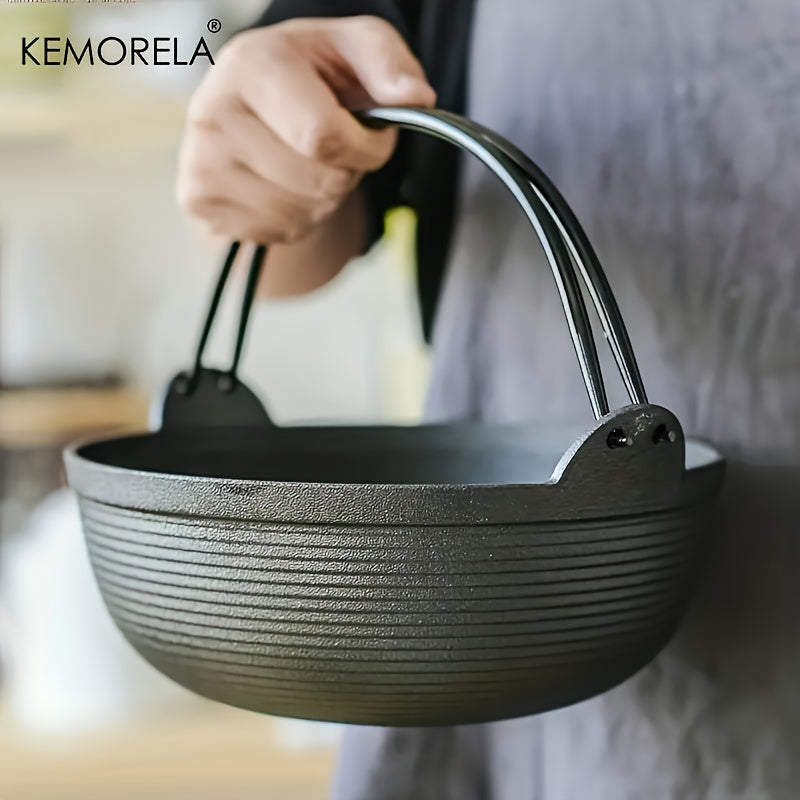 KEMORELA Cast Iron Stockpot with Wooden Lid - Pre-Seasoned Non-Stick Sukiyaki Pot - Ideal for Outdoor Camping - Multi-Purpose Cast Iron Cookware for Stews and Frying