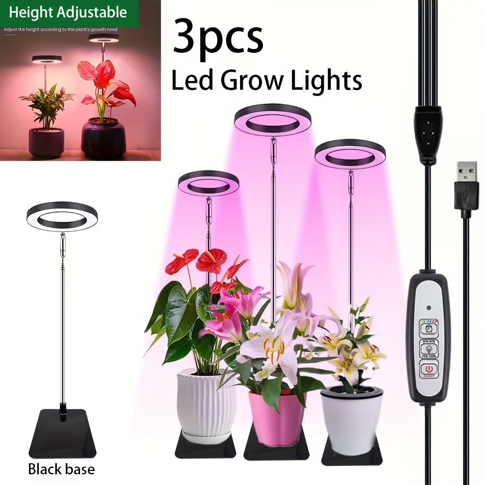 3 LED grow lights with stand, full spectrum, adjustable height, auto timer (2/4/8H), 4 brightness levels for small plants & home decor.