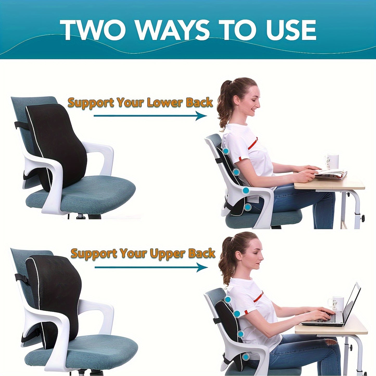 Memory foam cushion with adjustable straps improves posture for office chairs, cars, and gaming.