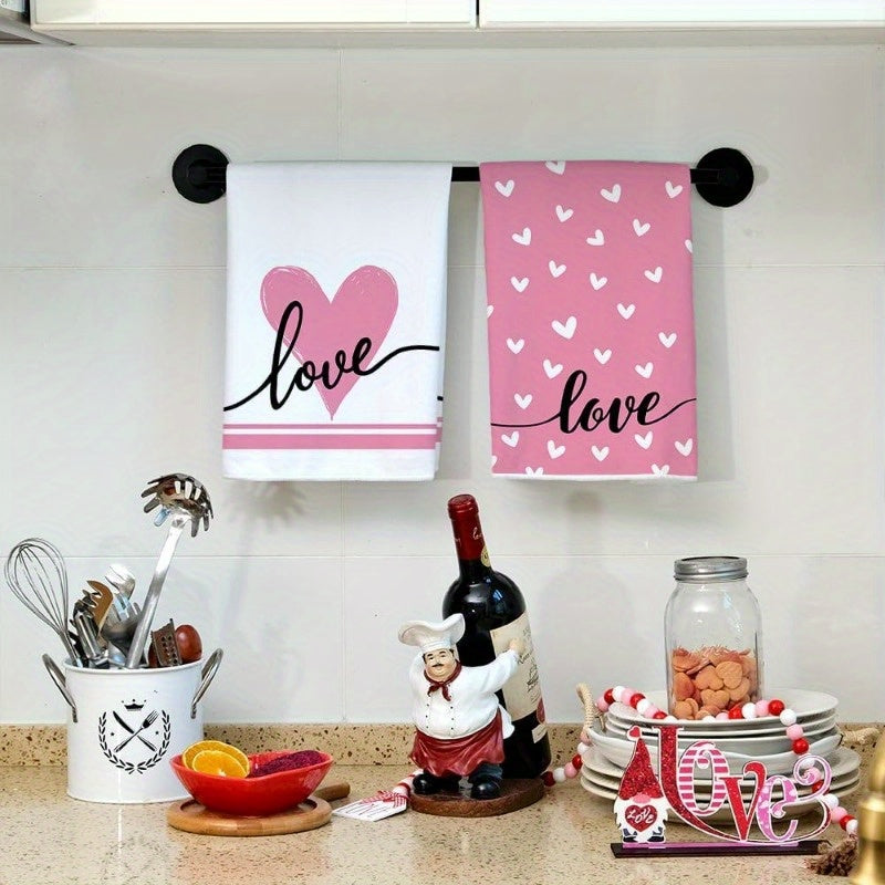 Valentine's Day themed gift towels, featuring a pink beloved logo, perfect for kitchen use and drying off, each set includes 2 towels measuring 18 by 66.04 cm.