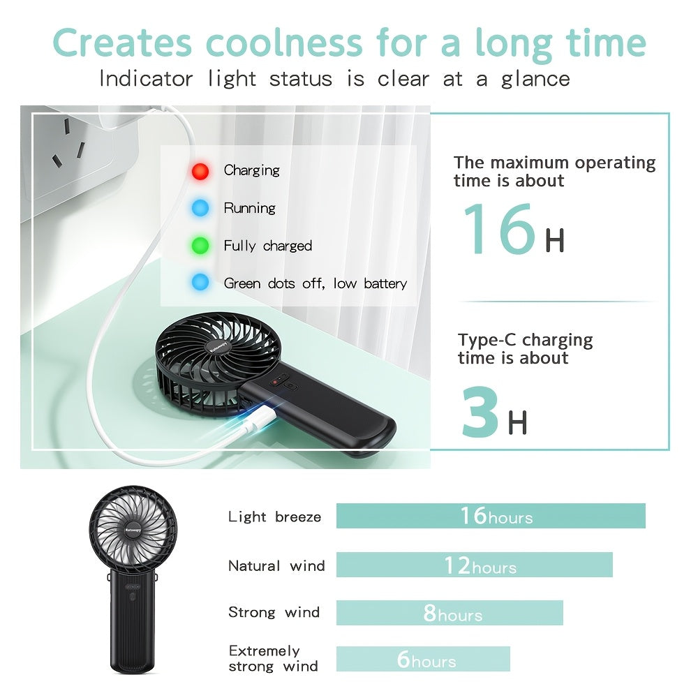 Handheld Fan with 180° Foldable Stand and Wearable Neck Strap, USB Rechargeable, 7-Blade Design, 4-Speed Adjustable, High-Velocity Cooling, 2000mAh Lithium Battery, Button Controls, Sleek Plastic Finish for Indoor and Outdoor Use.