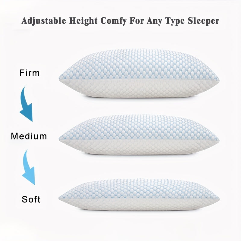 1 piece Queen Size Cooling Memory Foam Pillow with Adjustable Loft for a comfortable night's sleep. This Breathable Queen Pillow comes with a washable removable cover that can be adjusted for firmness or softness. Perfect for side, back, stomach, and hot