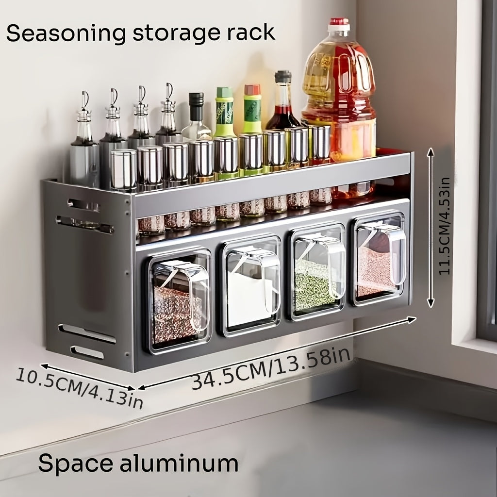 Aluminum wall-mounted rack for condiment storage, with multi-functional tiered shelf.