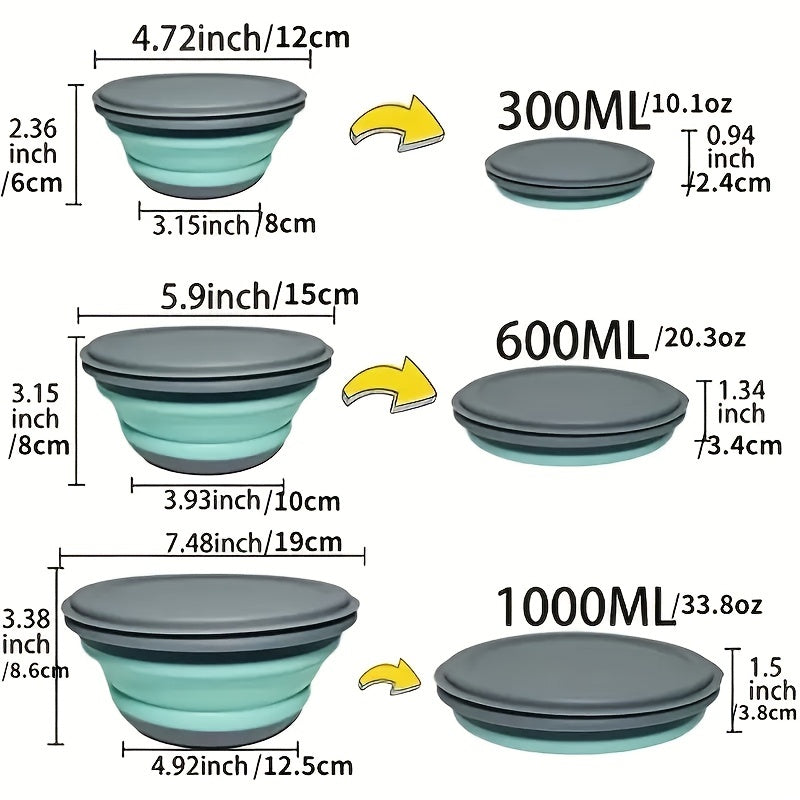 Set of 3 Camping Bowls with Lids, Silicone Collapsible Bowls, Lunch Box, Salad Bowl, Expandable Food Storage Container, Bento Box - High-Quality Container for Travel, Camping, and Office Use.