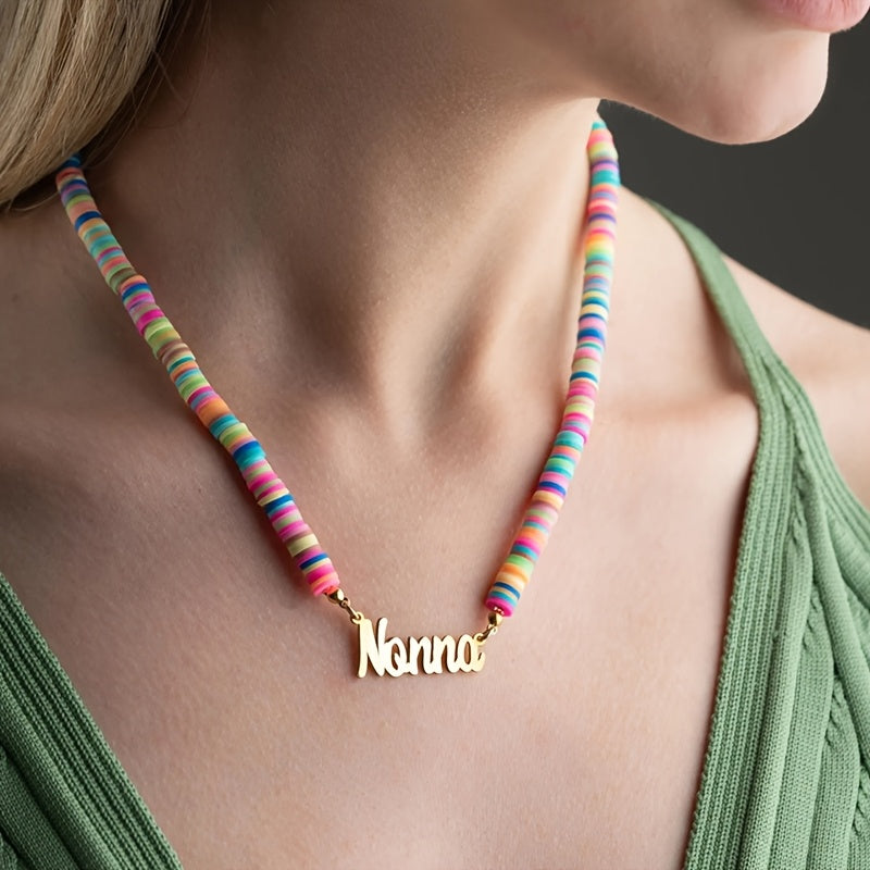 Customized Rainbow Name Necklace plated in 18K gold, featuring polymer clay beads. This accessory is both elegant and adorable, perfect for wearing all year round at any occasion. A great gift idea for Christmas and New Year's.