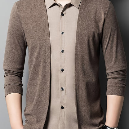 Men's two-piece color-blocked casual shirt with long sleeves and a collared neckline.