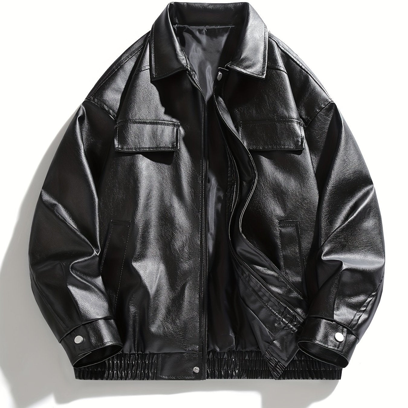 Men's retro PU leather jacket with a black smooth finish, zip-up closure, and flap pockets.