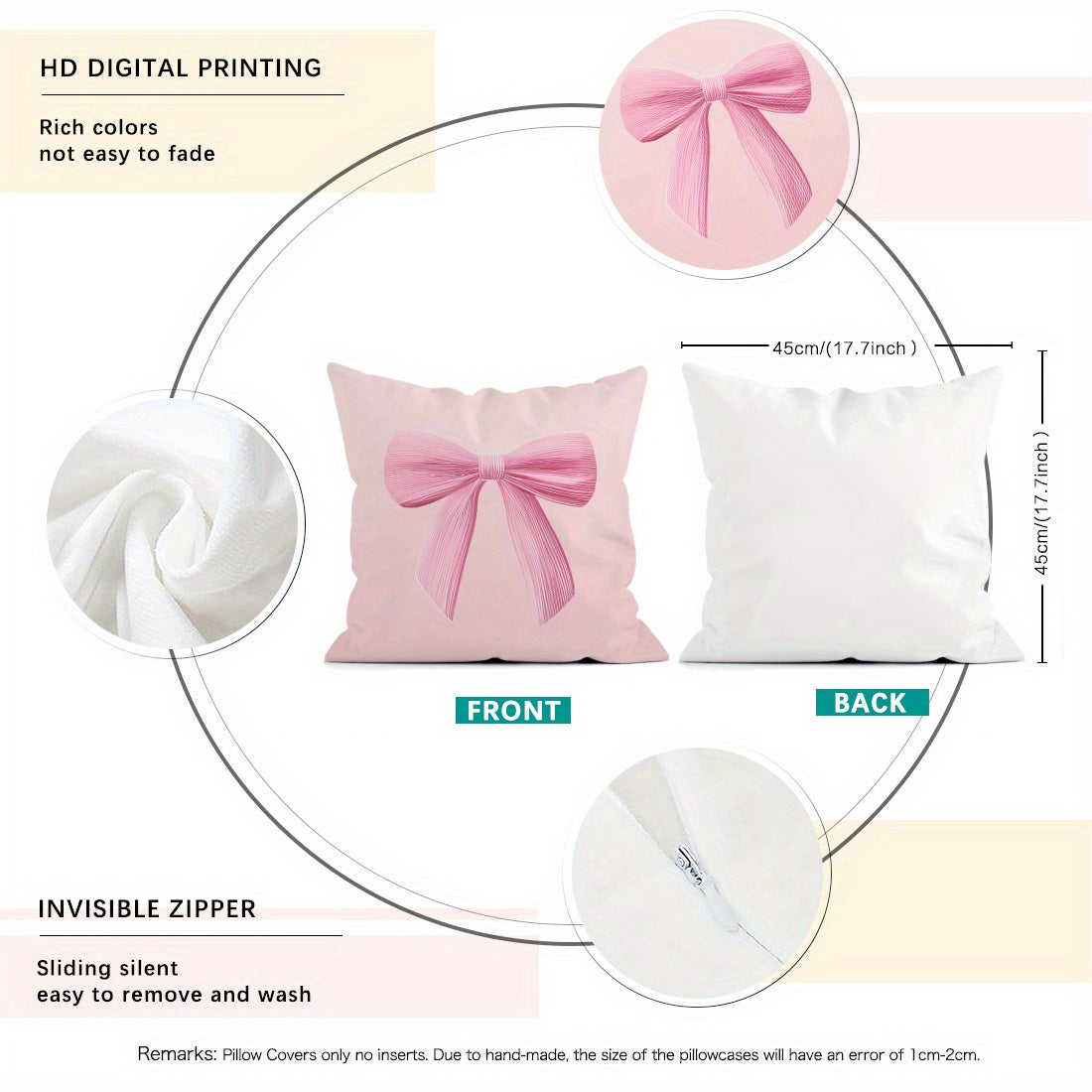 4 pink bow pillow covers for sofa, 45*45cm, single-sided print, peach skin material