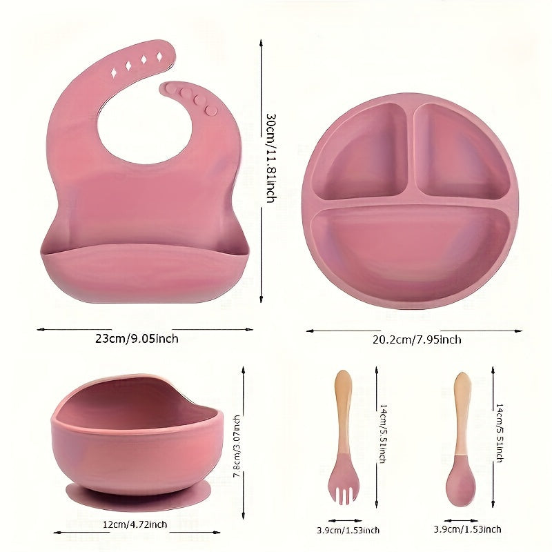 Set of 5 Baby Silicone Tableware including a fork and spoon with wooden handles, silicone bowl, divided plate, and waterproof bib. Conveniently washable and an essential addition to any household.