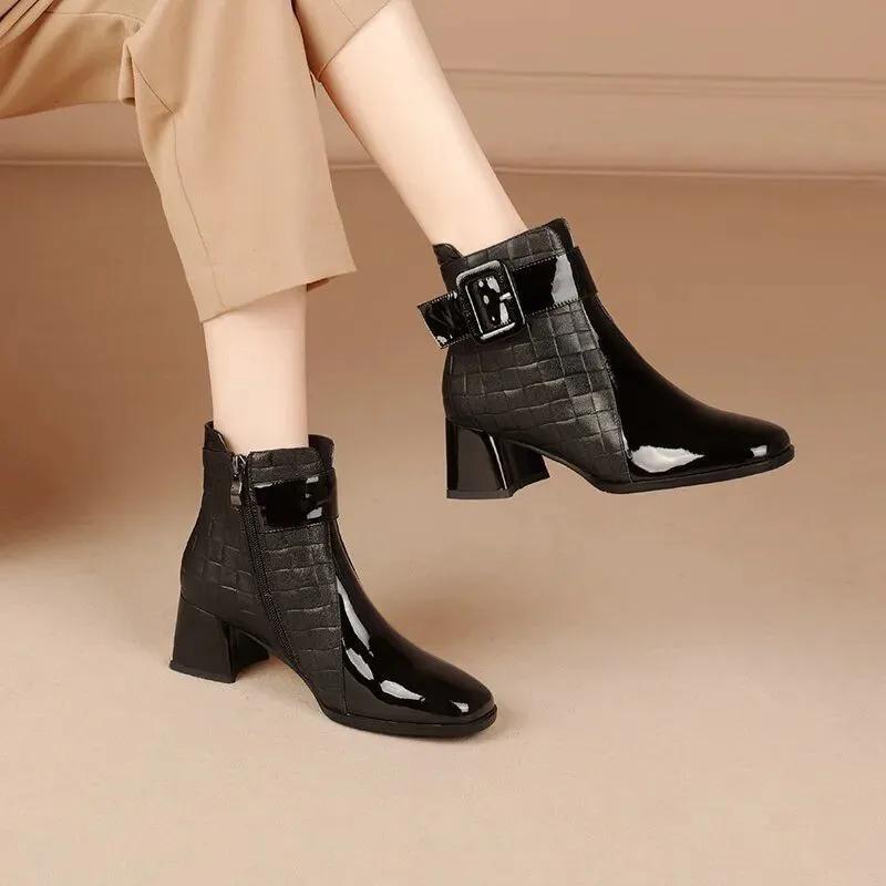 Stylish ankle boots with chunky heel, retro buckle design, side zipper, and comfortable PU cover.