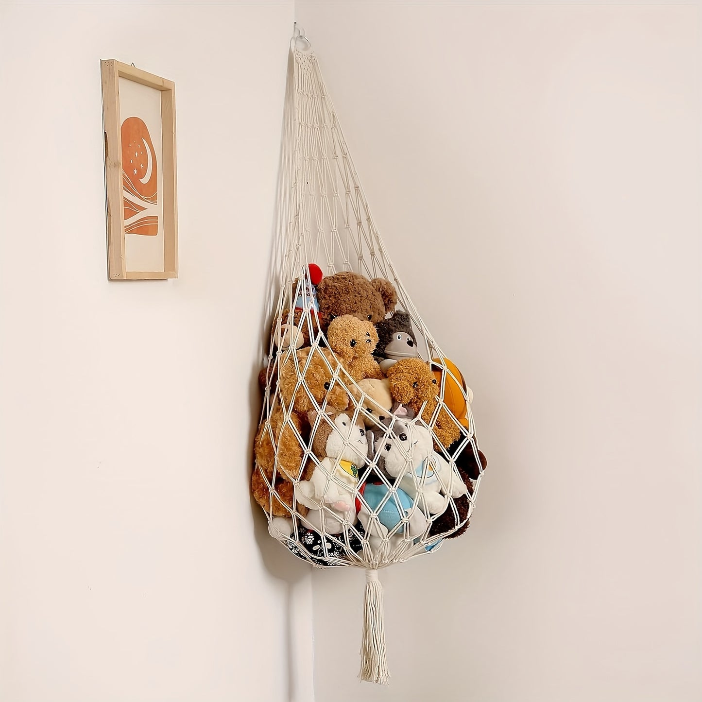 Plush toy storage hammock for kids' rooms, easy to install, holds multiple toys.