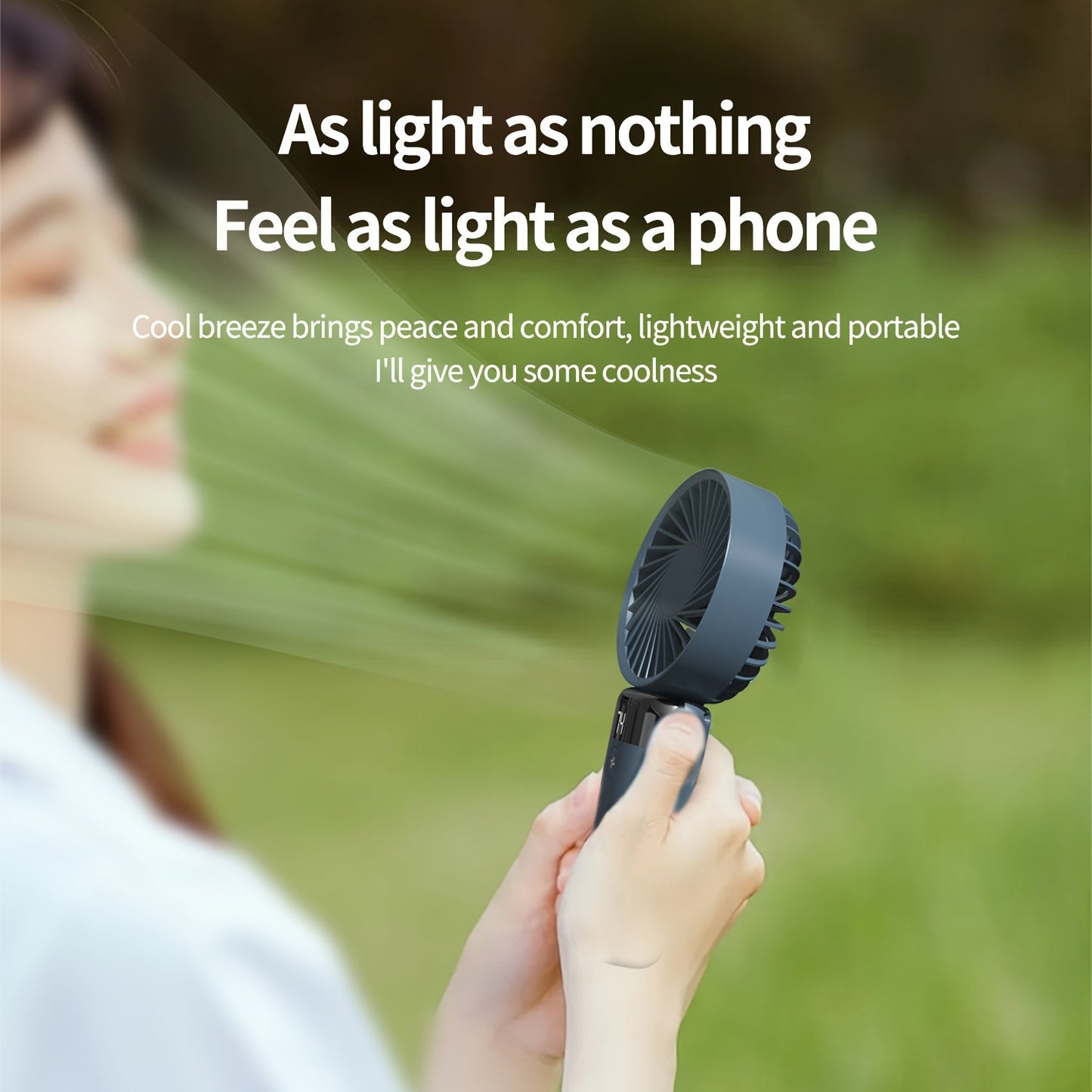 Portable handheld/desktop mini fan with adjustable angle, featuring 3 speeds, a digital display, long-lasting battery, dual-use standing and handheld design, USB charging, low-noise operation, and compact size ideal for office desk, bedside, or outdoor