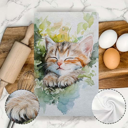 Set of 2 Ultra Soft Kitchen Towels featuring Adorable Kitten Design - Super Absorbent, Easy to Clean Dish Cloths, Modern Watercolor Print, 40.64x60.96 cm for Stylish Home Decor, Cute Kitchen Accessories|Whimsical Home Decor|Luxuriously Soft Polyester