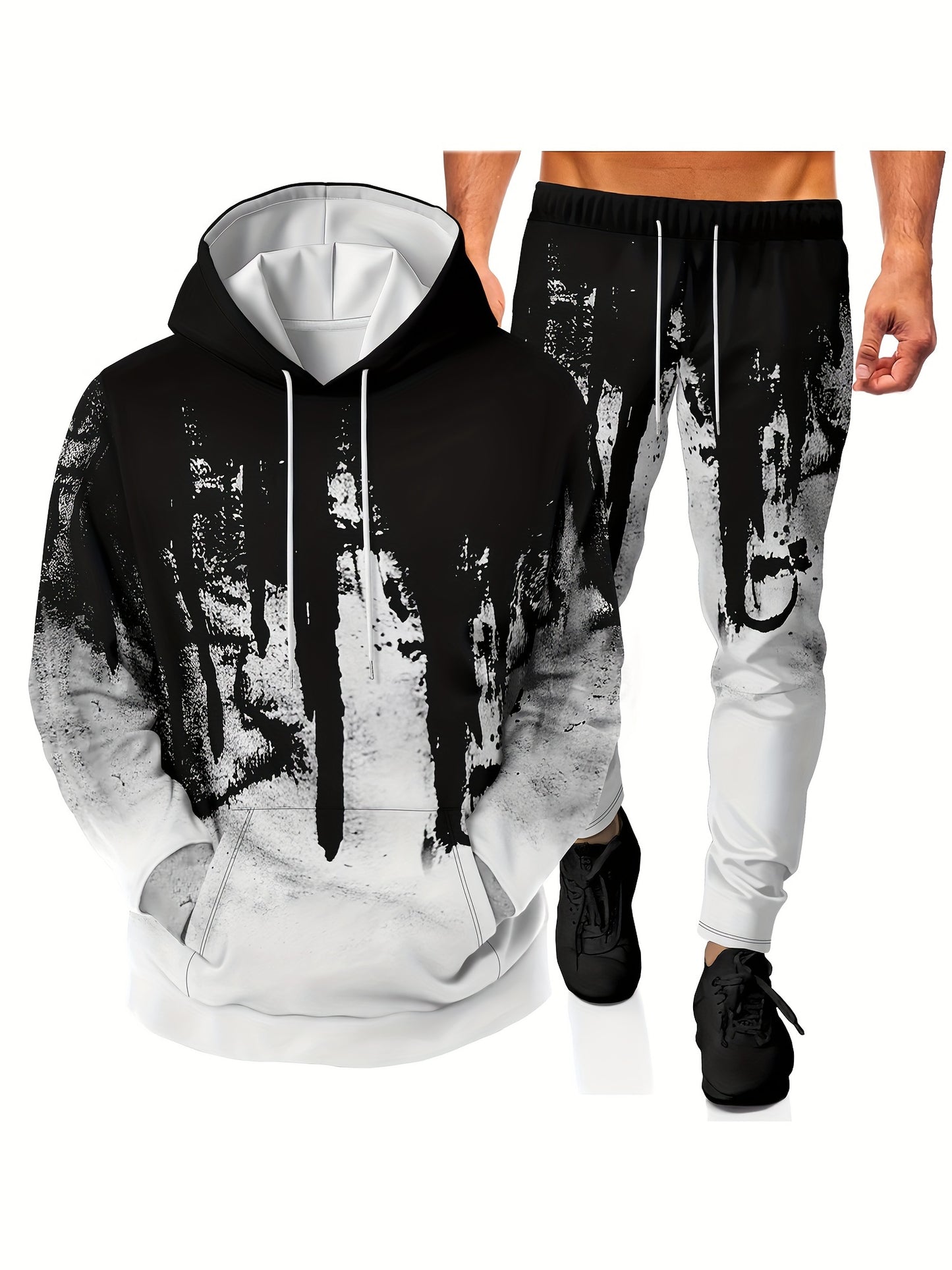 Men's casual hoodies and drawstring pants set featuring 3D graphic print, Men's novelty pajamas loungewear set.