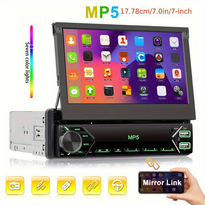 PODOFO 7-Inch HD Touchscreen Car Stereo with retractable display, Mirror Link, USB & AUX inputs, FM radio, and colorful backlight.