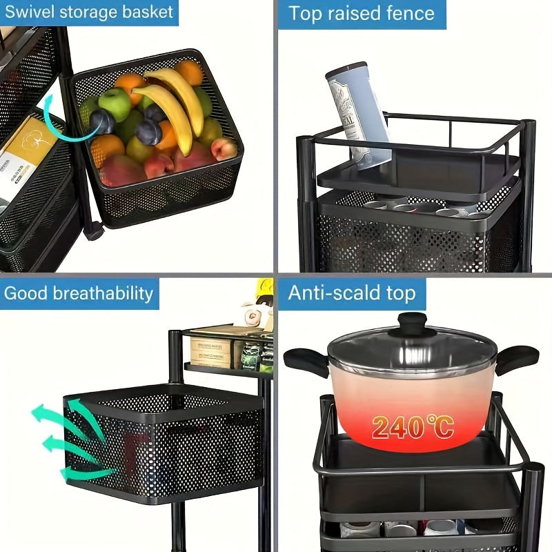 Rotating kitchen shelf for easy organization of fruits and vegetables.