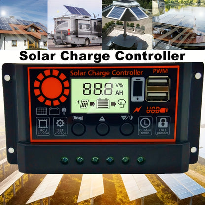 Black Solar Panel Battery Intelligent Regulator with Dual USB Port 12V/24V PWM Auto Parameter Adjustable LCD Display, 1pc 30A Solar Charge Controller