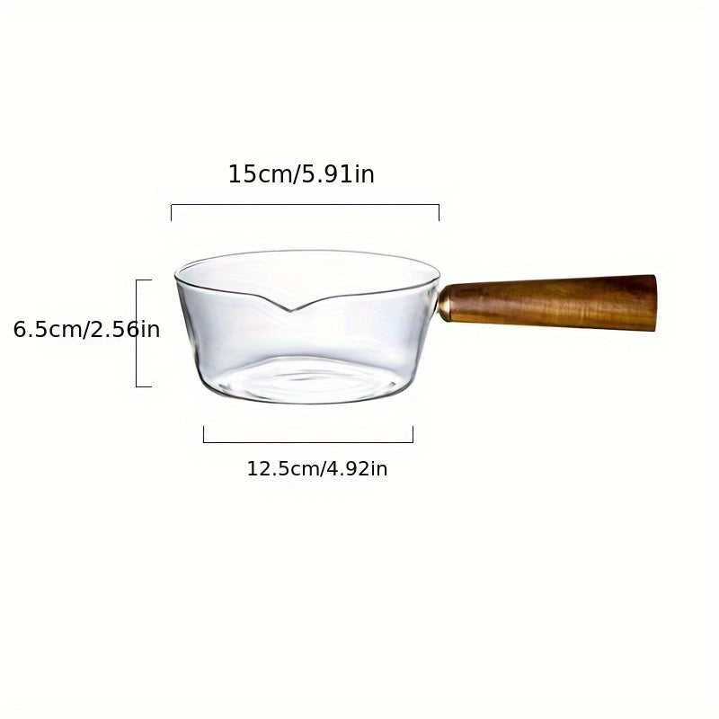 A versatile wooden-handled glass pot set for milk, soup, and noodles including small and large cups. These pots are thickened and heat resistant, perfect for home cooking. Ideal for use in the kitchen as small tools.