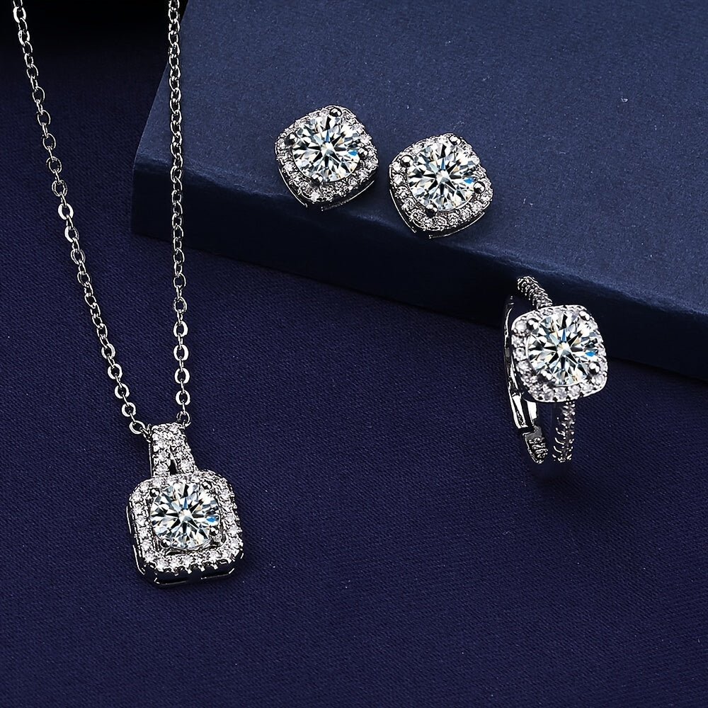 A stunning three-piece set featuring a necklace, earrings, and ring adorned with brilliant moissanite diamonds. Perfect for a girl's evening dress ensemble, this set makes an exquisite gift.