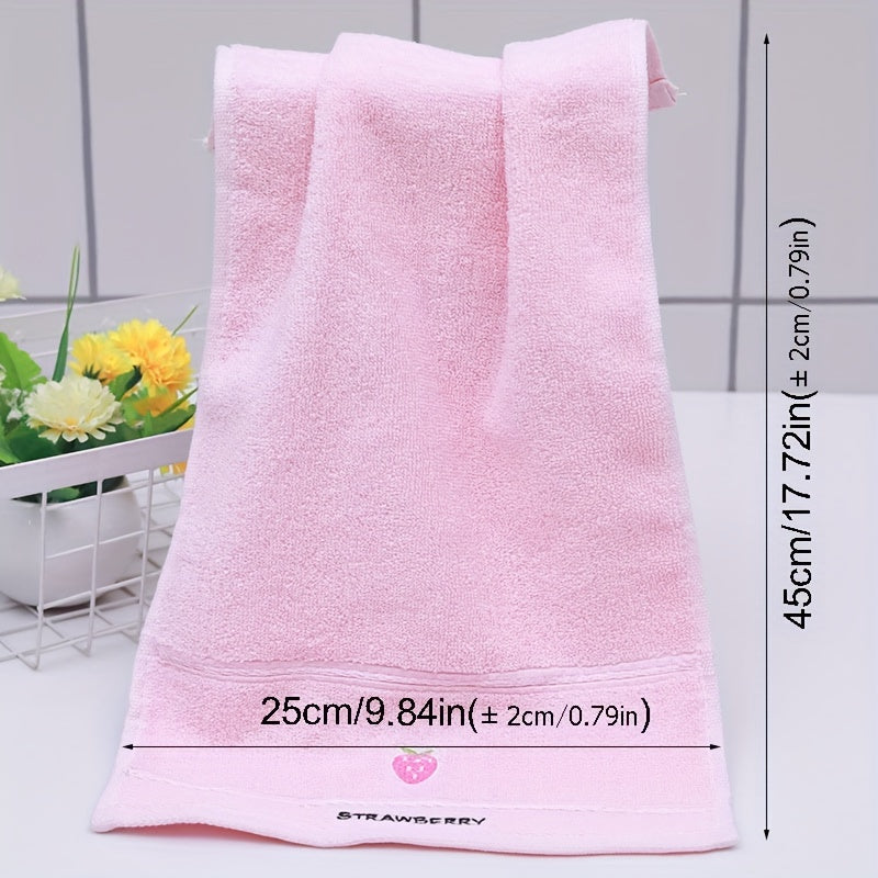 Five soft cotton fingertip towels with fruit patterns ideal for everyday use in the bathroom.