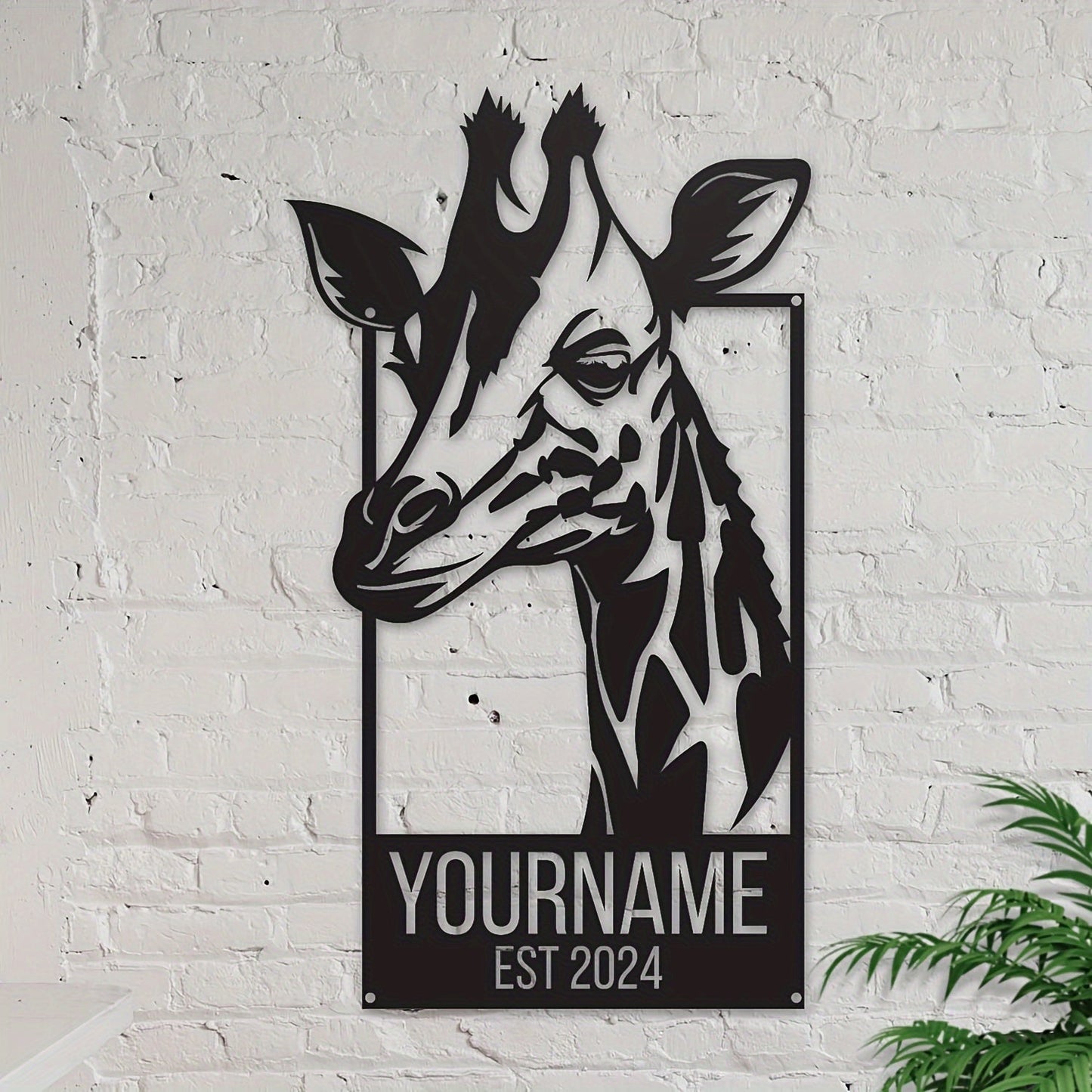 Customized Giraffe Metal Wall Art Sign - Personalized with Name and Year of Establishment, Stylish Indoor Decor Metal Plaque in Black, Suitable for Adults and Teens aged 14 and above.