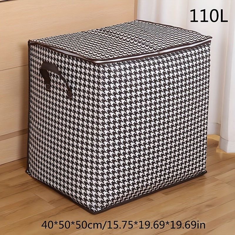 Foldable woven storage bag with fixed shoulder strap for casual use. Hand washable with zipper closure. Waterproof organizer for clothes and quilts, ideal for moving and travel. Casual