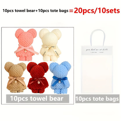 Set of 20 cute teddy bear towels with tote bag, perfect for weddings, birthdays, Mother's Day, gifts, back-to-school, and Christmas.